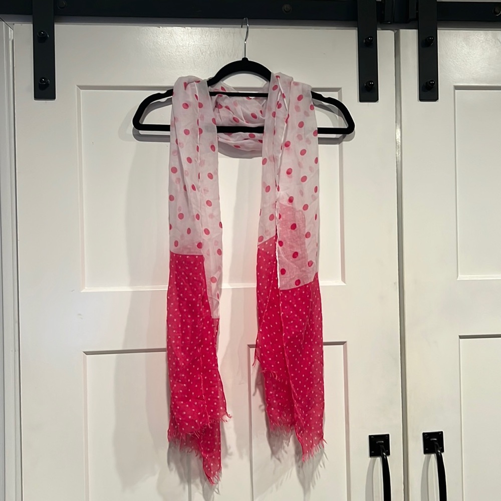 Pink and white polka dot semi sheer scarf.